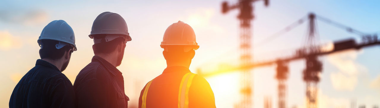 Three construction workers in hard hats silhouetted against a sunset with construction cranes in the background.